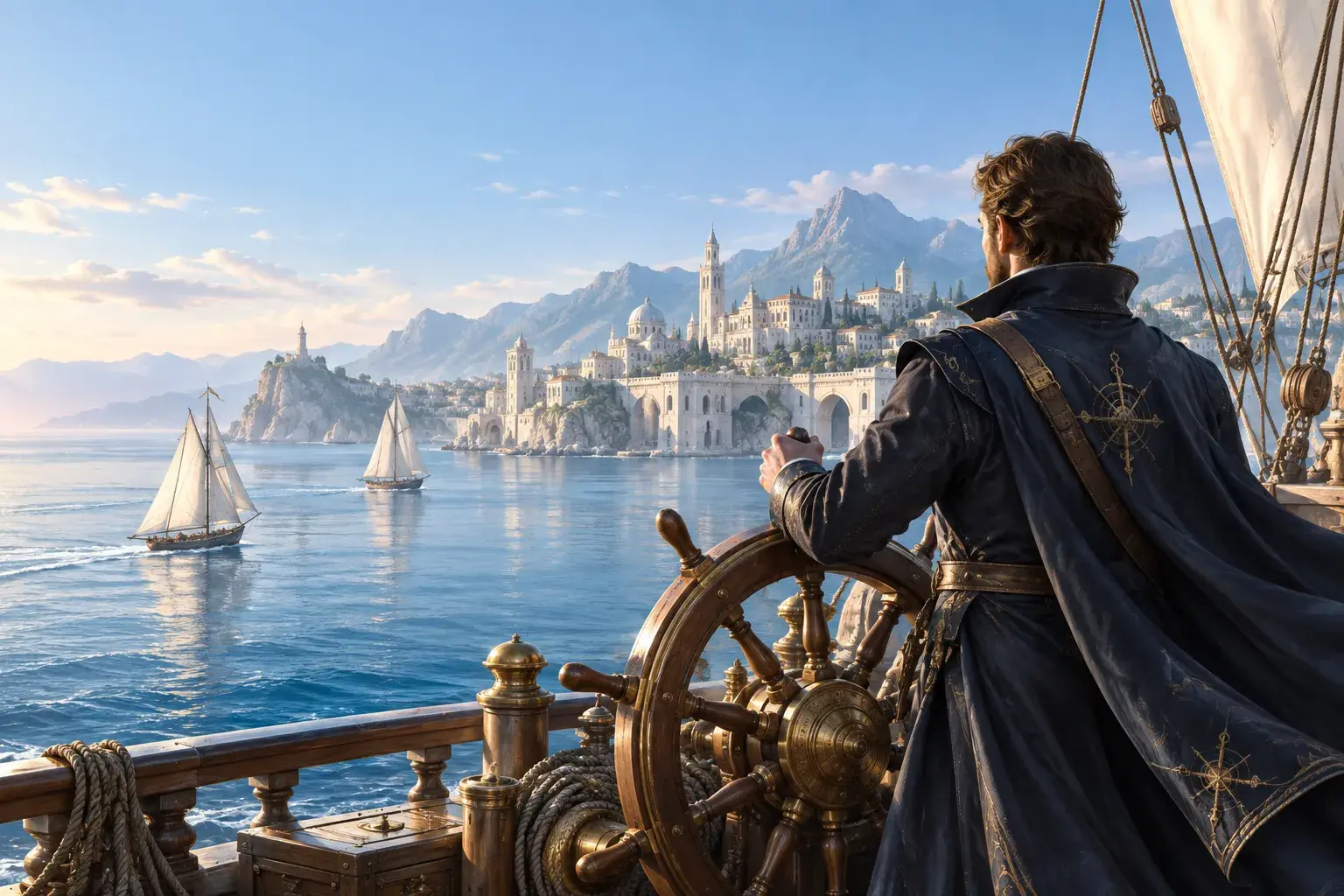 A captain at the helm of a ship, sailing into harbour